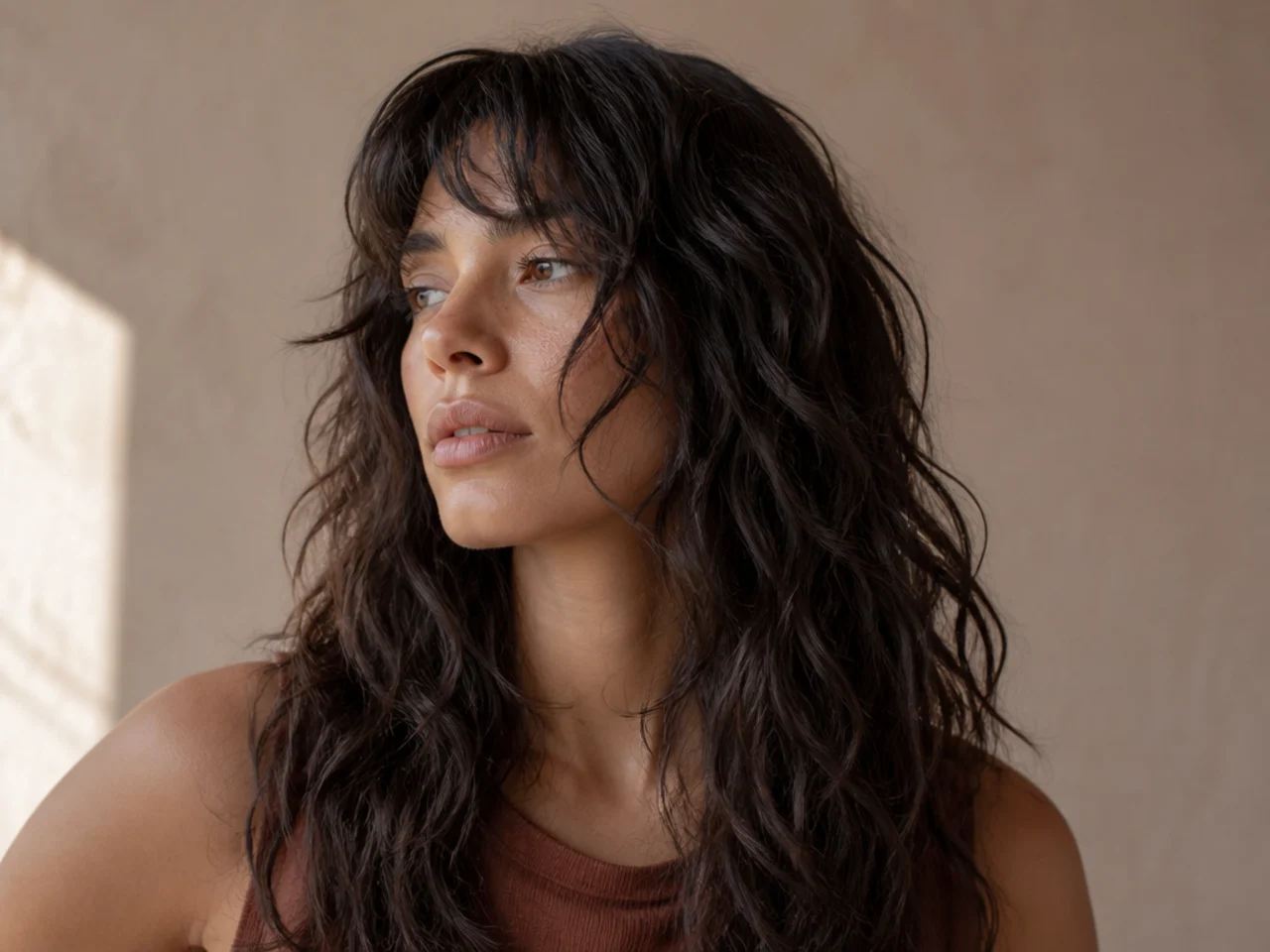An air dried wavy shag with natural undirected volume and no heat styling