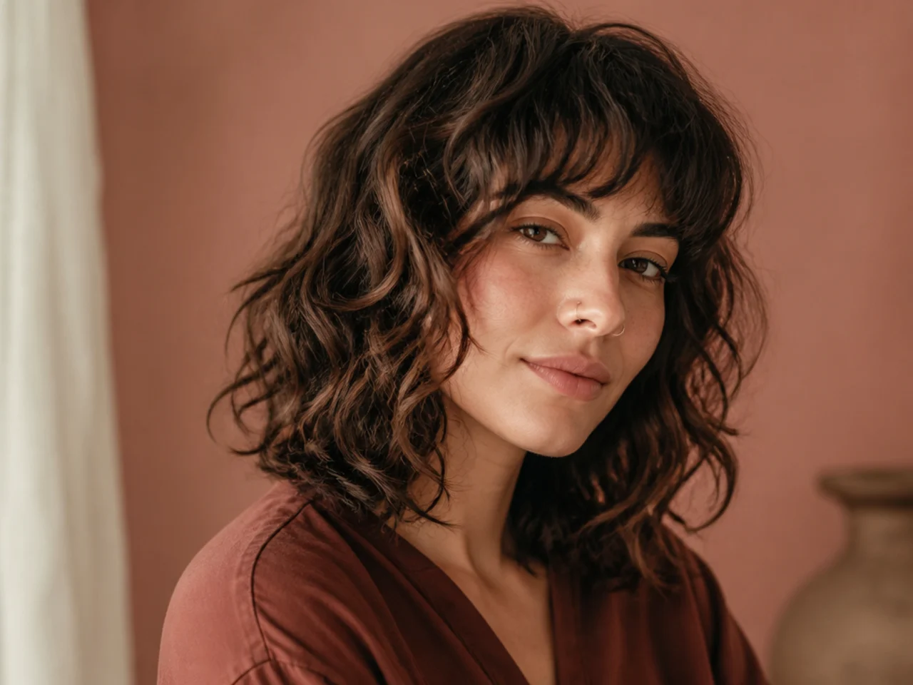 A shoulder length wavy shag with the waves completing a full S above the shoulder