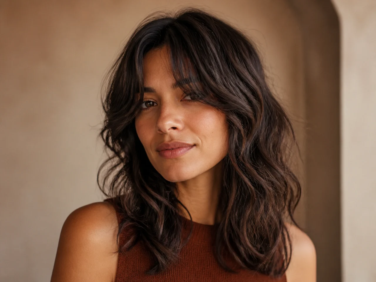 A wavy shag with curtain bangs parted at the centre and sweeping into face-framing layers