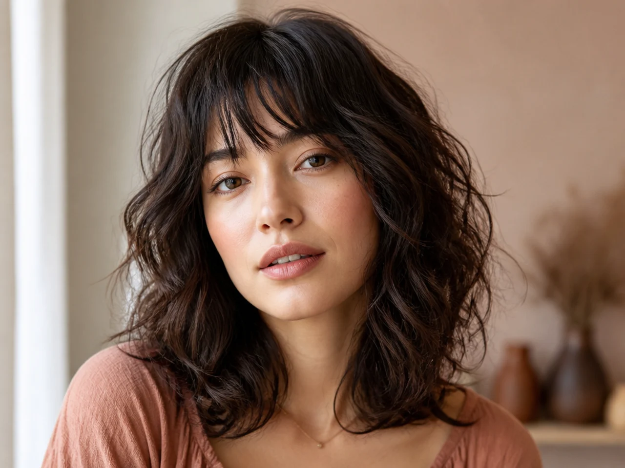 A wavy shag with fine wispy bangs falling in separated pieces across the forehead