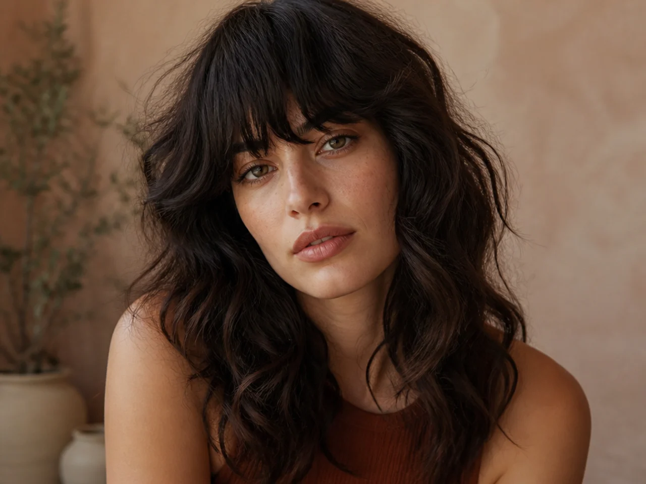 A wavy shag with a full dense fringe cut level with the eyebrows