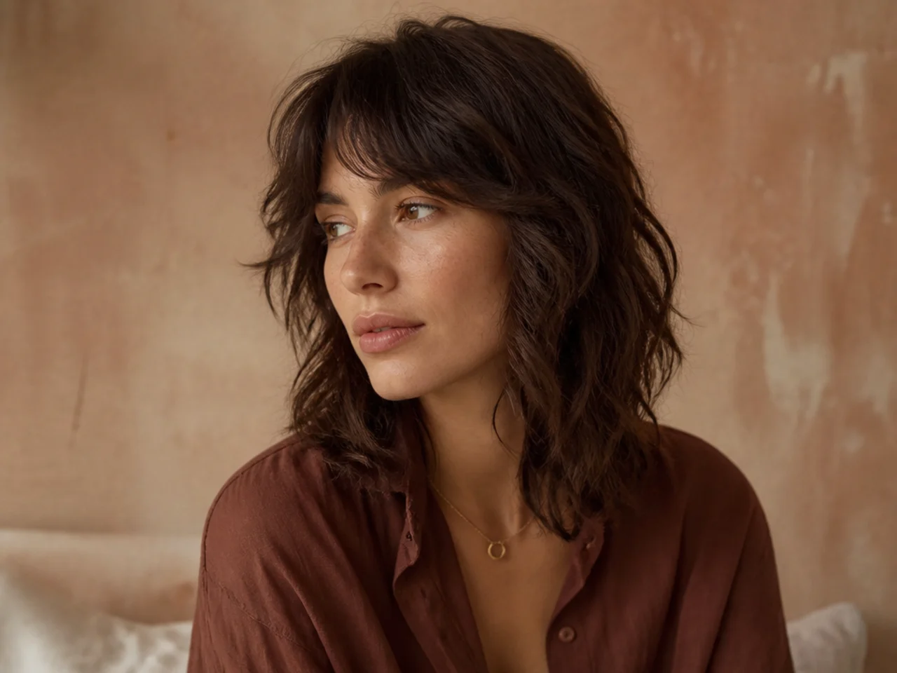 A soft shag on fine wavy hair with minimal layering and a solid perimeter