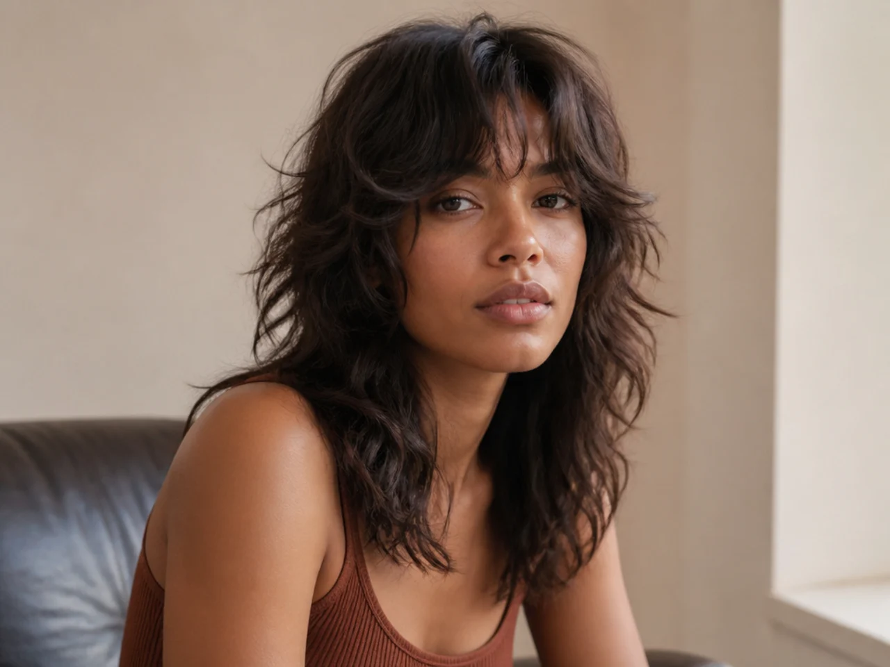 A heavily layered shag on thick wavy hair with a narrow clean outline