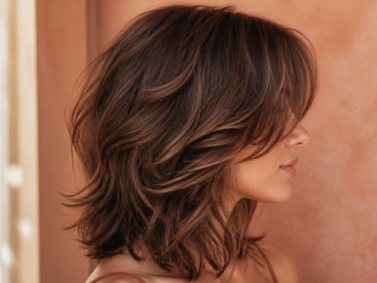 Close side view of wavy hair showing short crown layers lifting above longer mid-length pieces