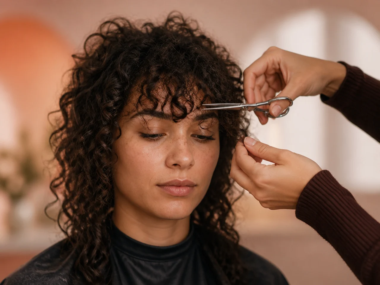 A curly fringe being cut dry curl by curl