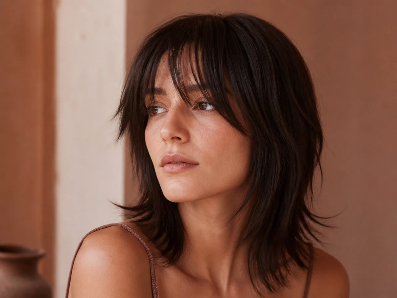 A straight shag haircut with separated wispy bangs