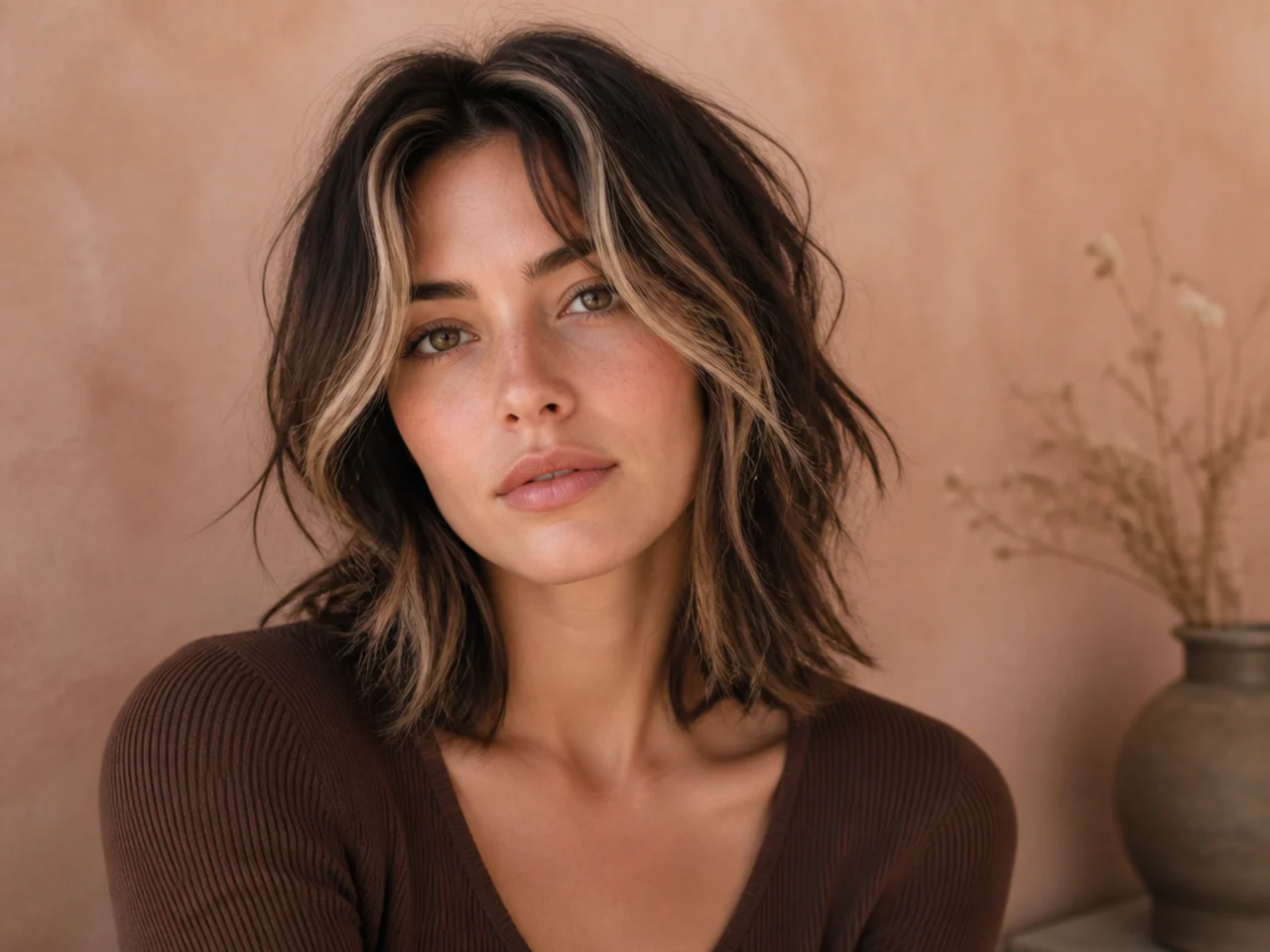 A shag haircut with two lightened money piece sections at the front