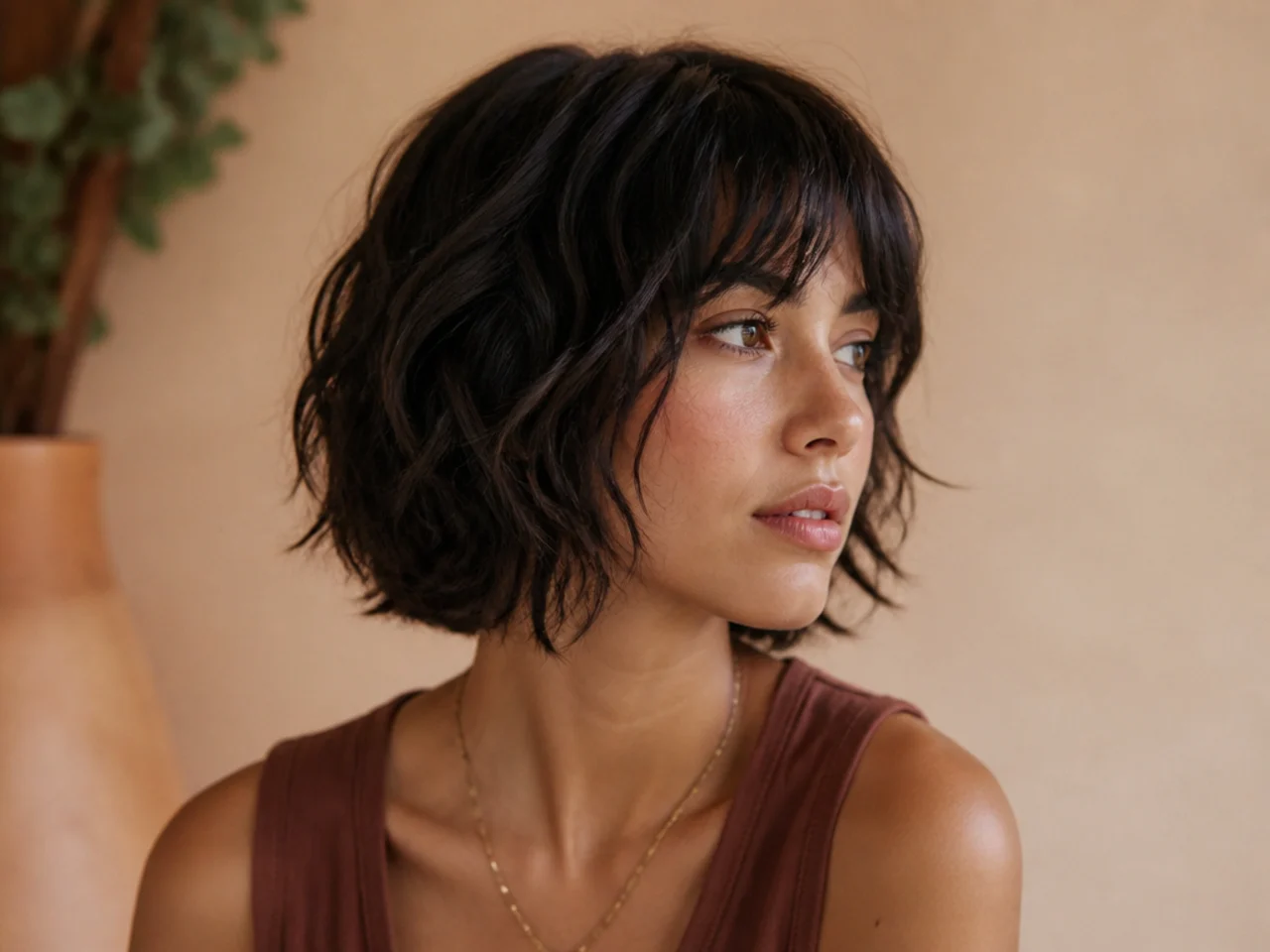 A shag haircut with the shortest layer finishing at the jawline