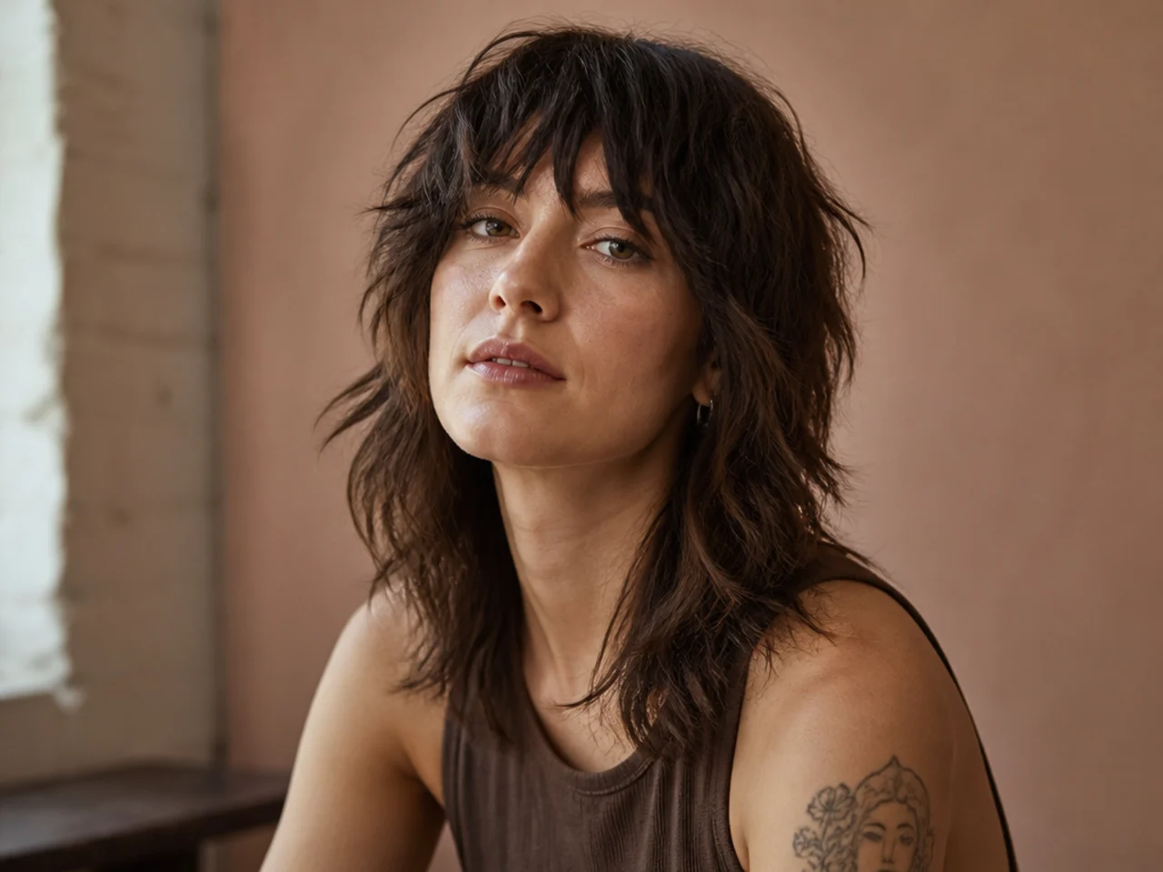 A shag with a point cut textured fringe with an uneven edge