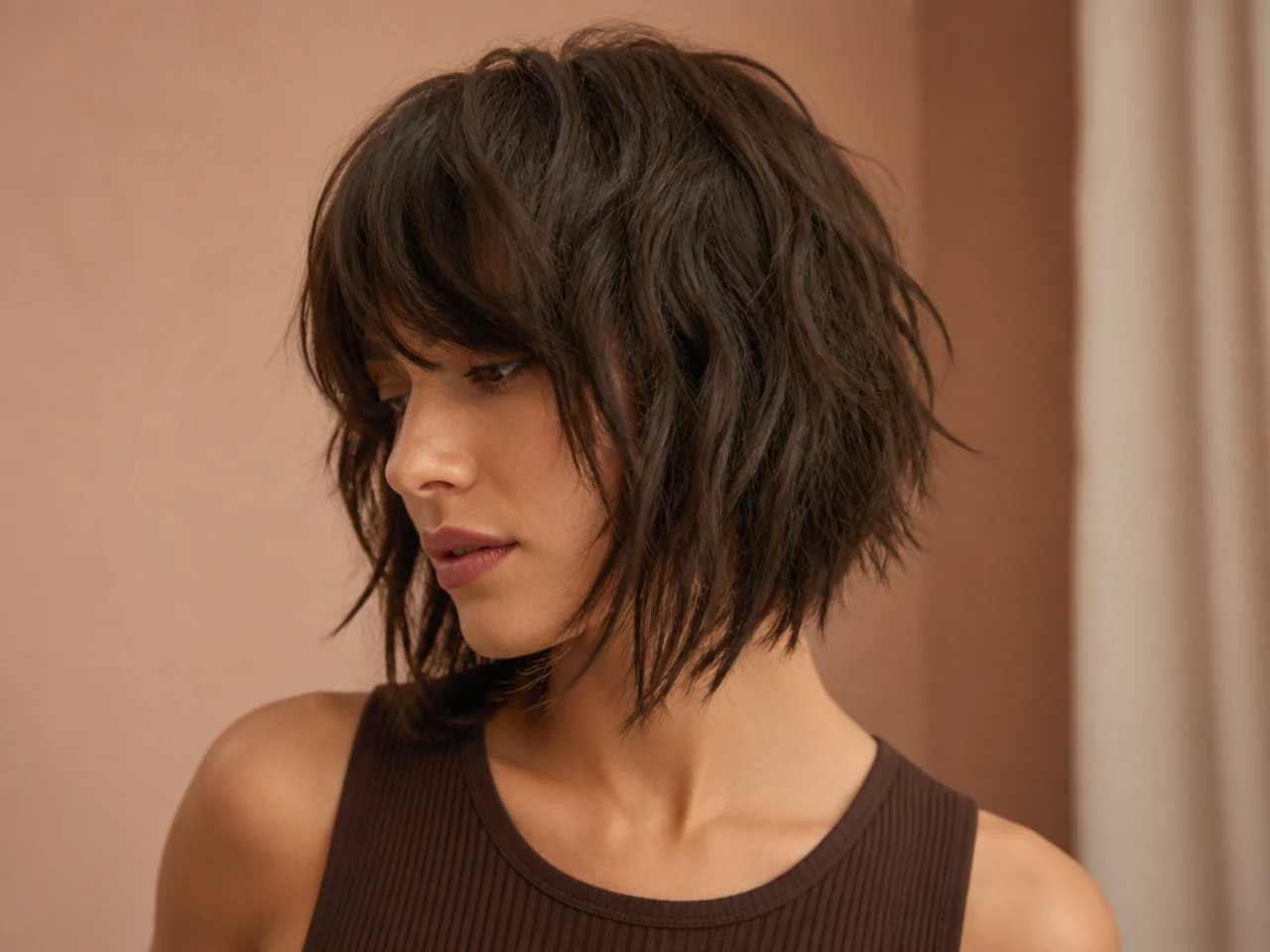 A shaggy bob with bangs cut longer at the front than the back