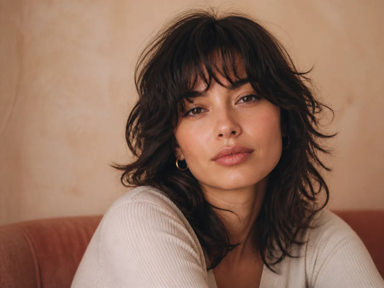 A soft shag haircut with thin wispy bangs over the forehead