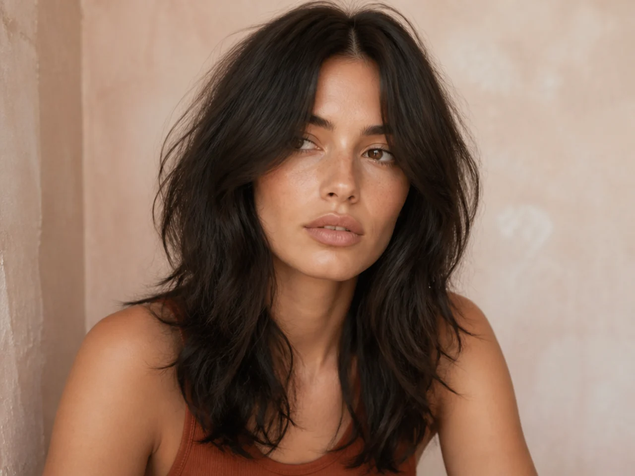 A shag haircut with a centre parted fringe falling either side