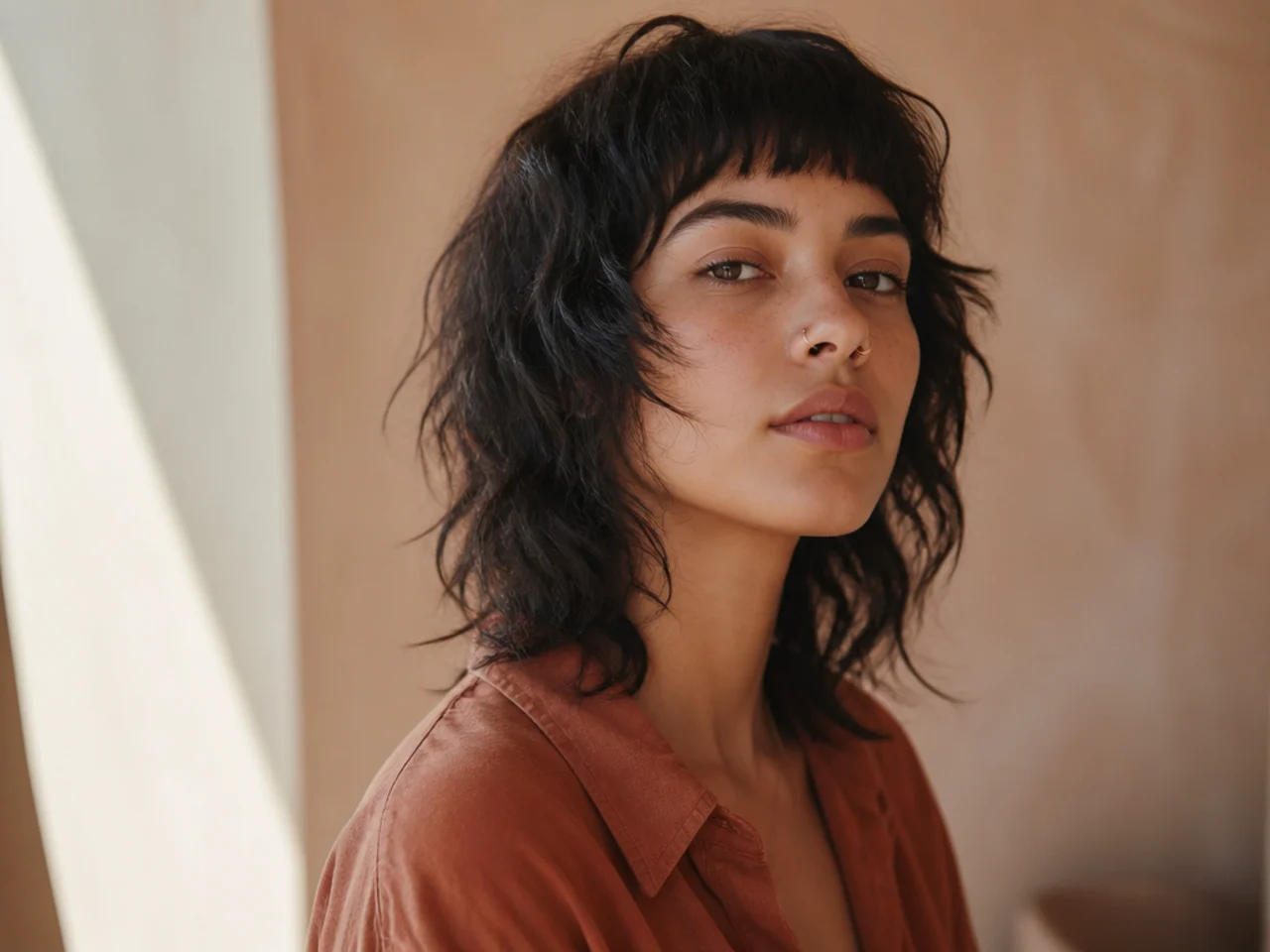 A shag haircut with a very short micro fringe above the eyebrows