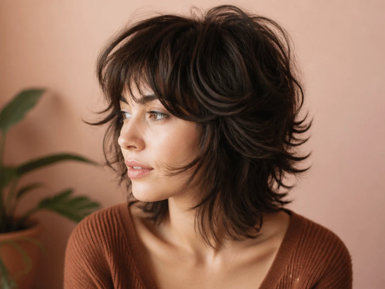 A shag haircut with concentrated volume at the crown