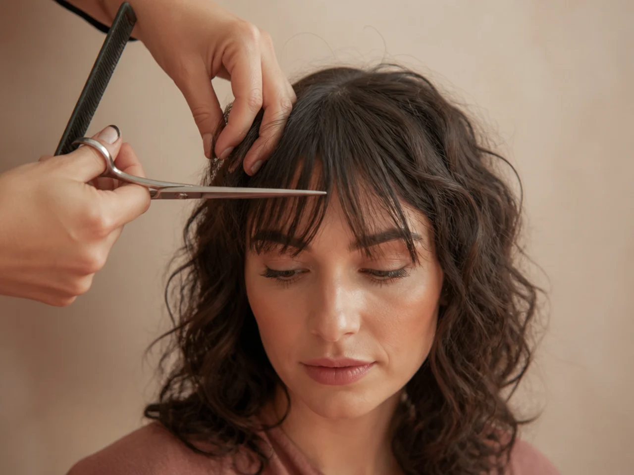A razor cut fringe separating into fine tapered pieces