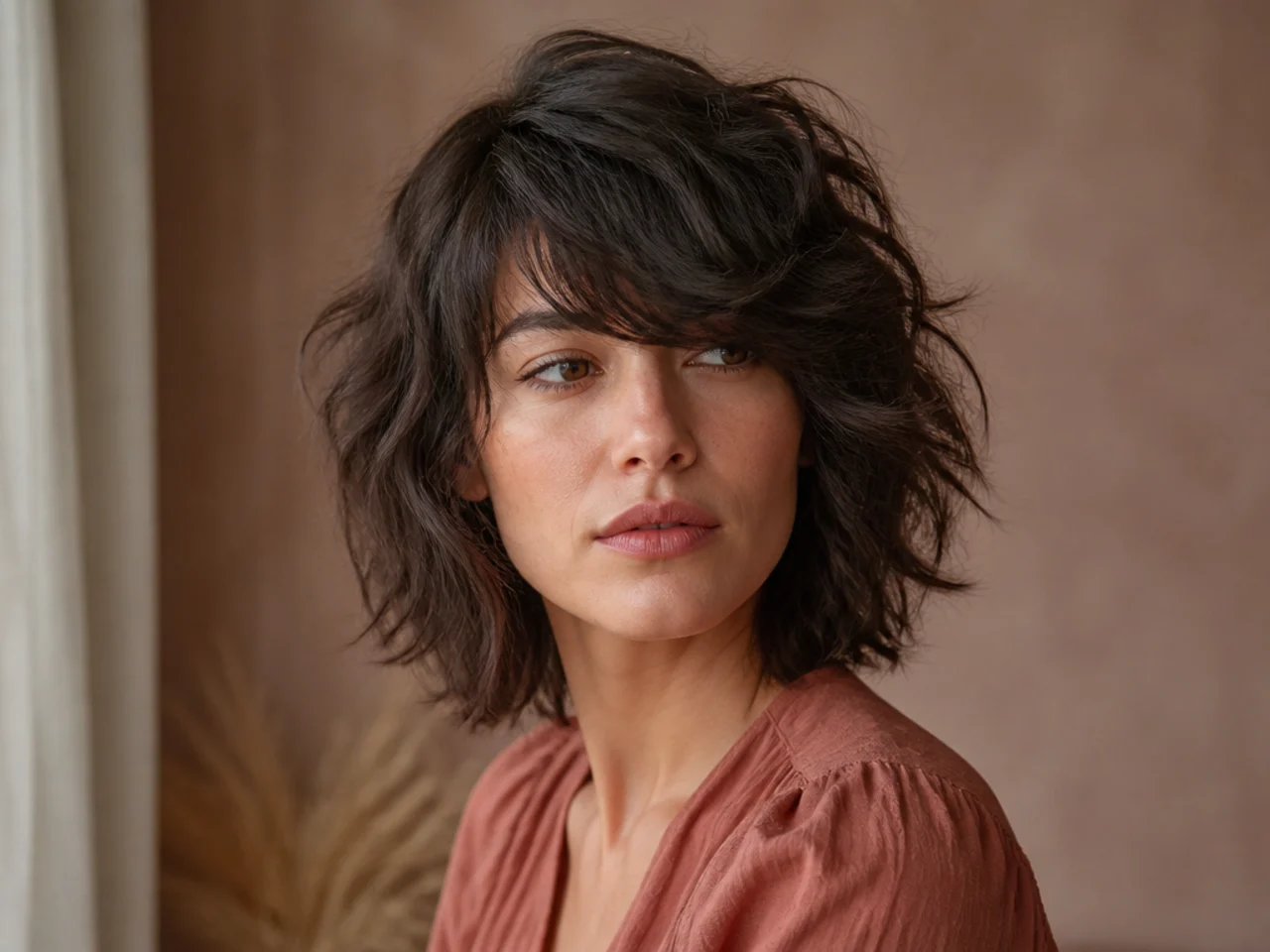 A shag haircut with side swept bangs falling across the forehead