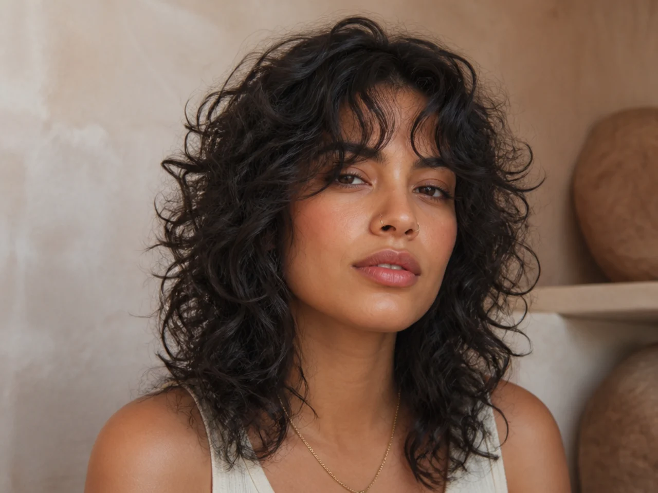 A curly shag haircut with long curtain bangs on a round face