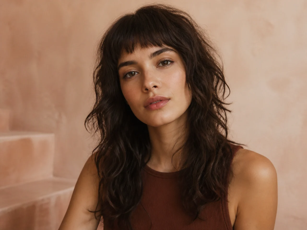 A shag with a narrow blunt fringe cut within the eyebrow width