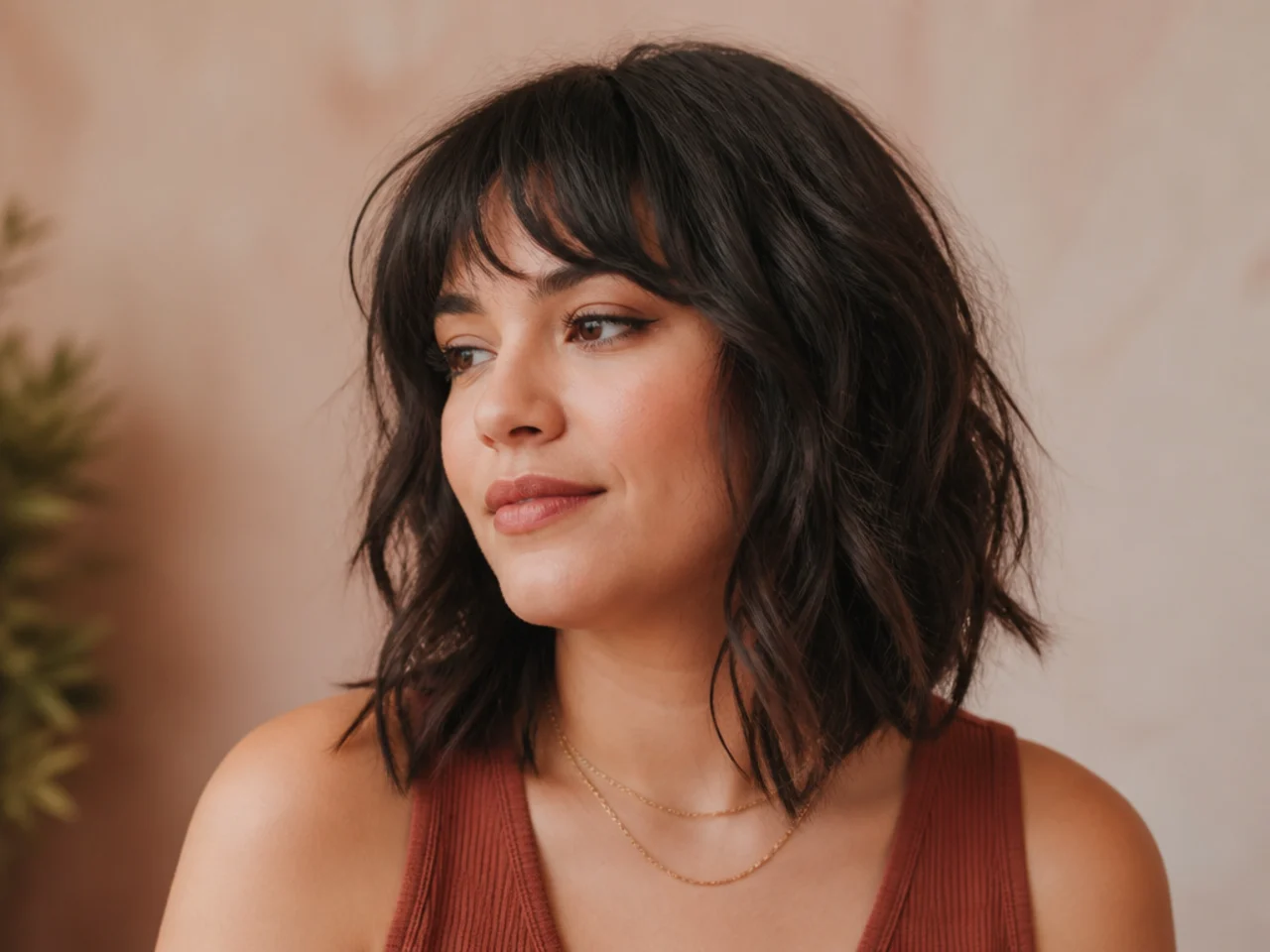 A collarbone length shag haircut with bangs on a round face