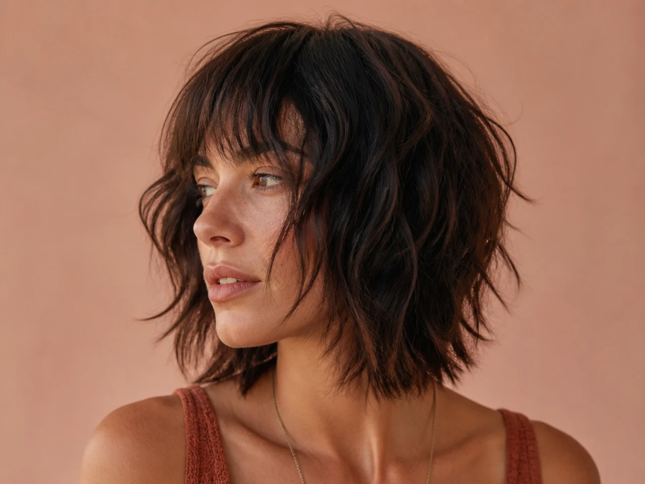 A chin length shag with long vertical layers and bangs
