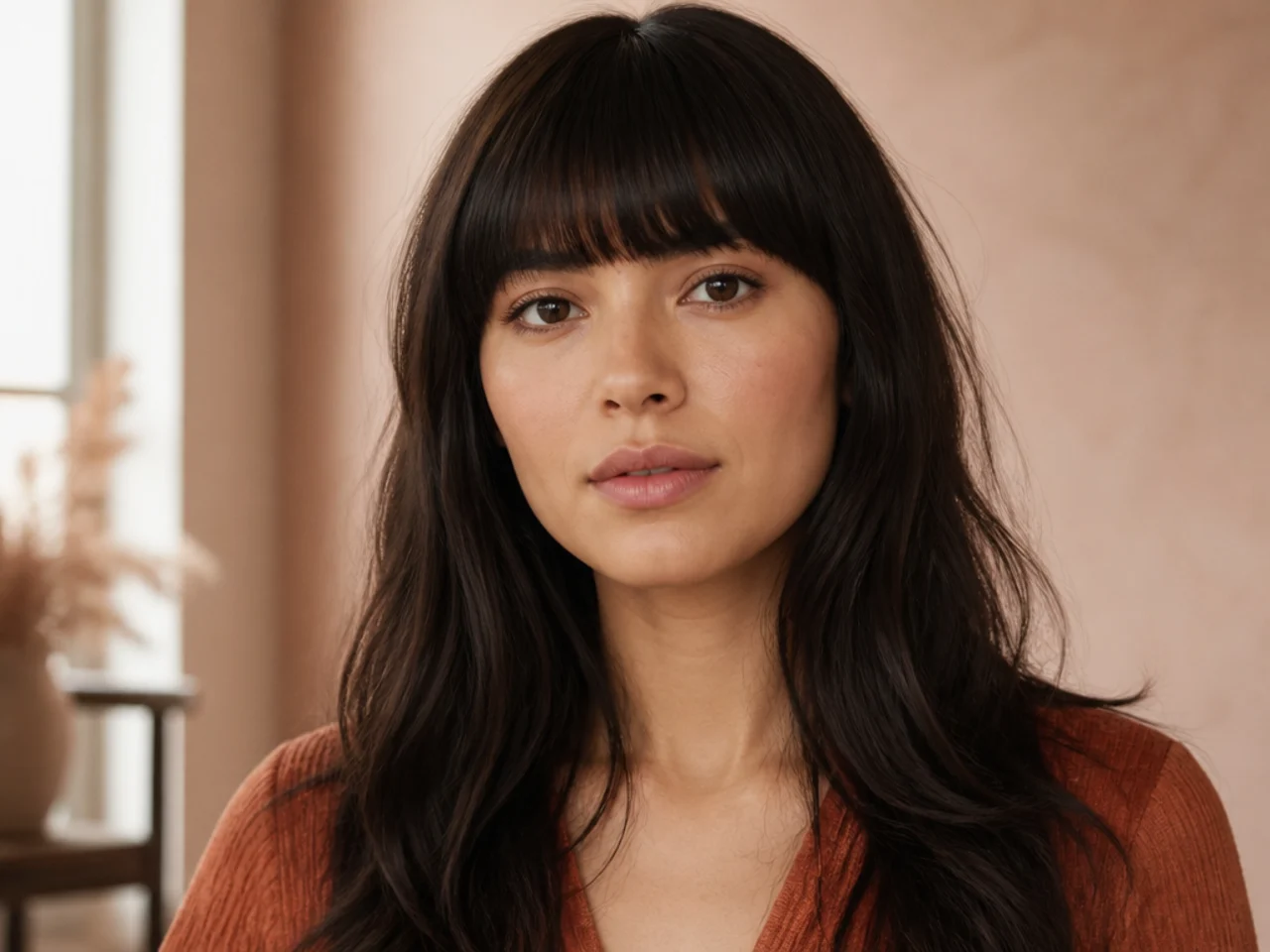 A wide blunt fringe sitting flat across a round face