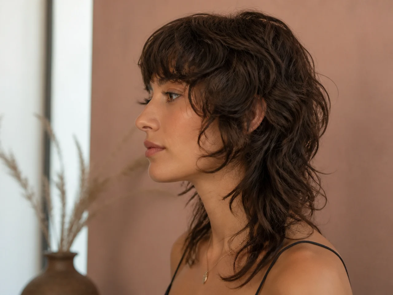 Side view of a layered shag showing where each layer ends against the face