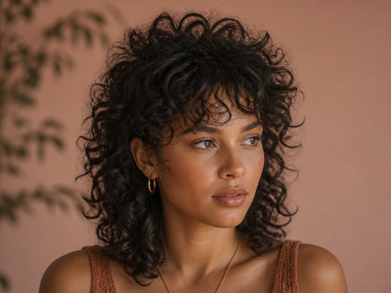 Crown volume on a curly shag with a shallow wispy fringe section taken only at the hairline