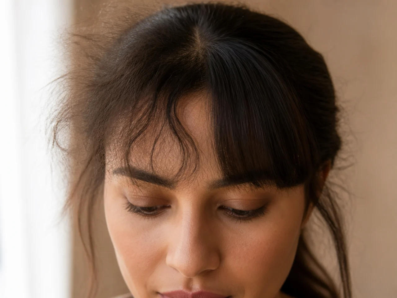 Frizzy strays showing against the forehead on a thin fringe next to a smoother denser fringe