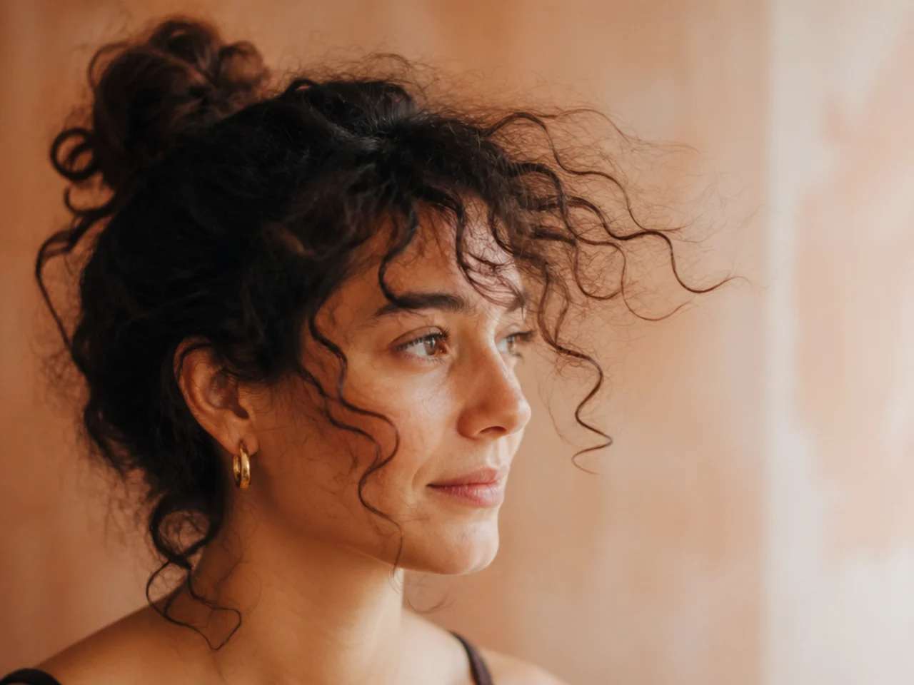 A wispy curly fringe lifting away from the forehead in humid air