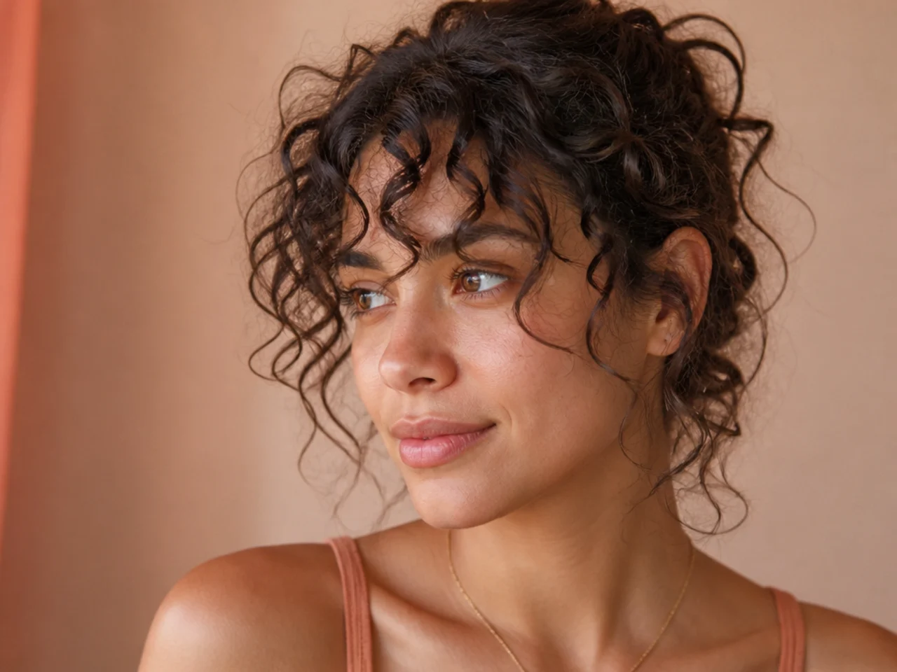 A wispy curly fringe air drying without any styling tools nearby