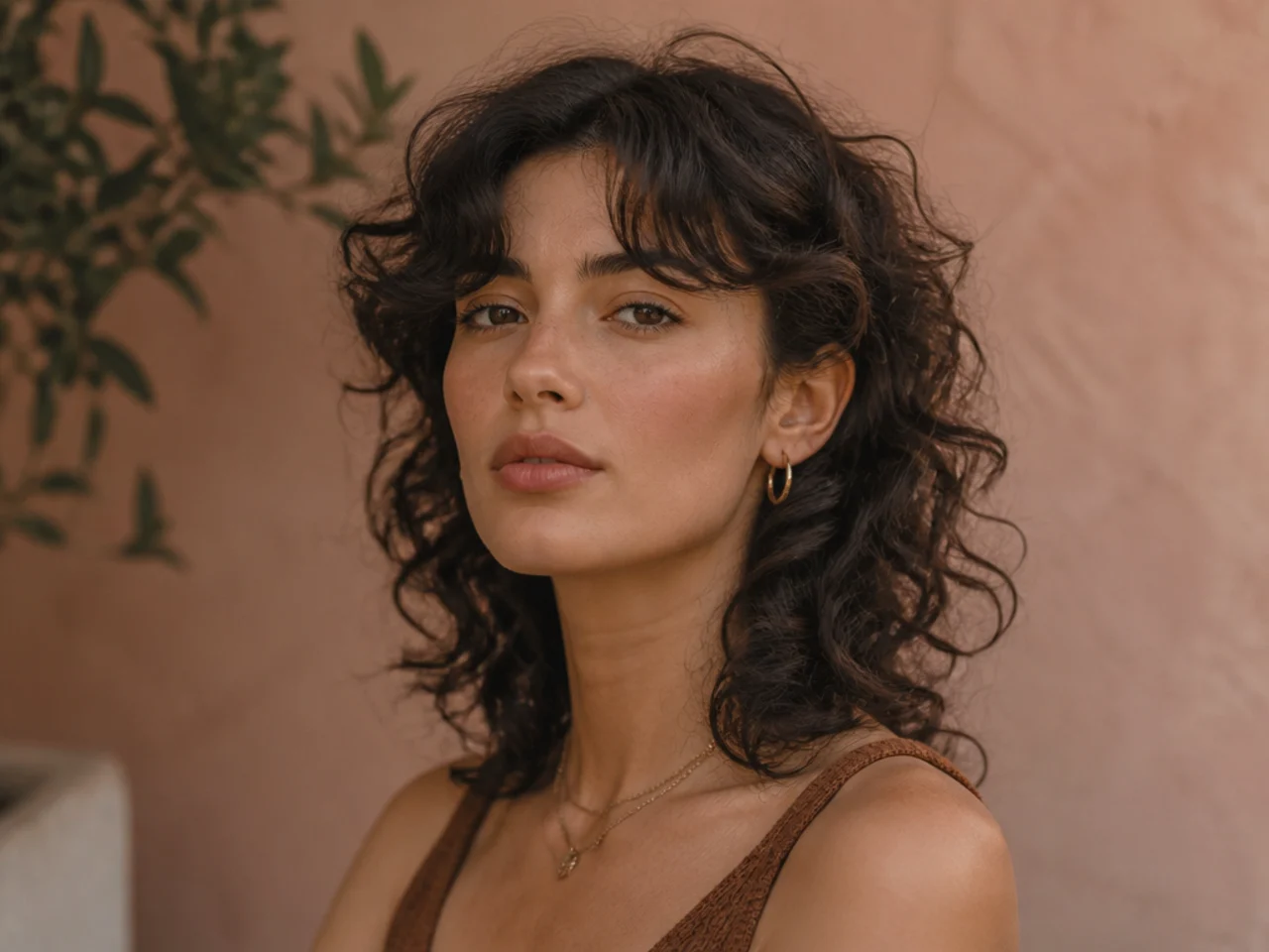 A curtain fringe tucked behind the ears on a curly shag