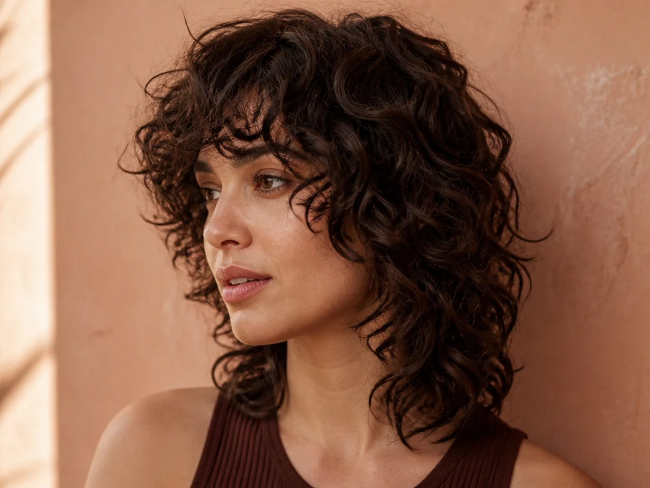 A curtain fringe flowing seamlessly into the face framing layers of a curly shag