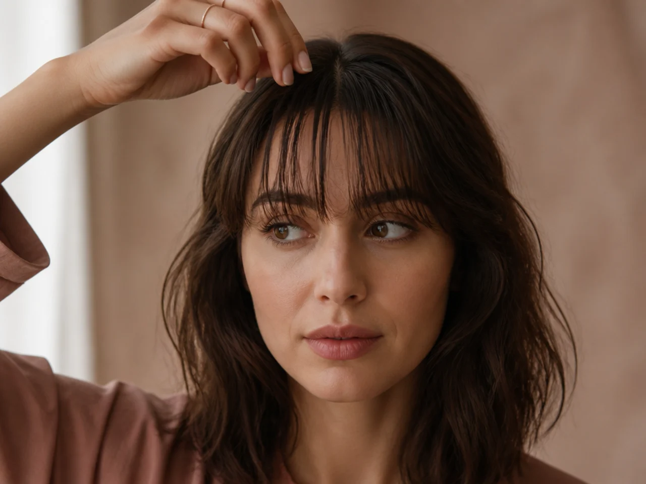 A thin fringe separated into oily strands at the roots compared with a fuller fringe