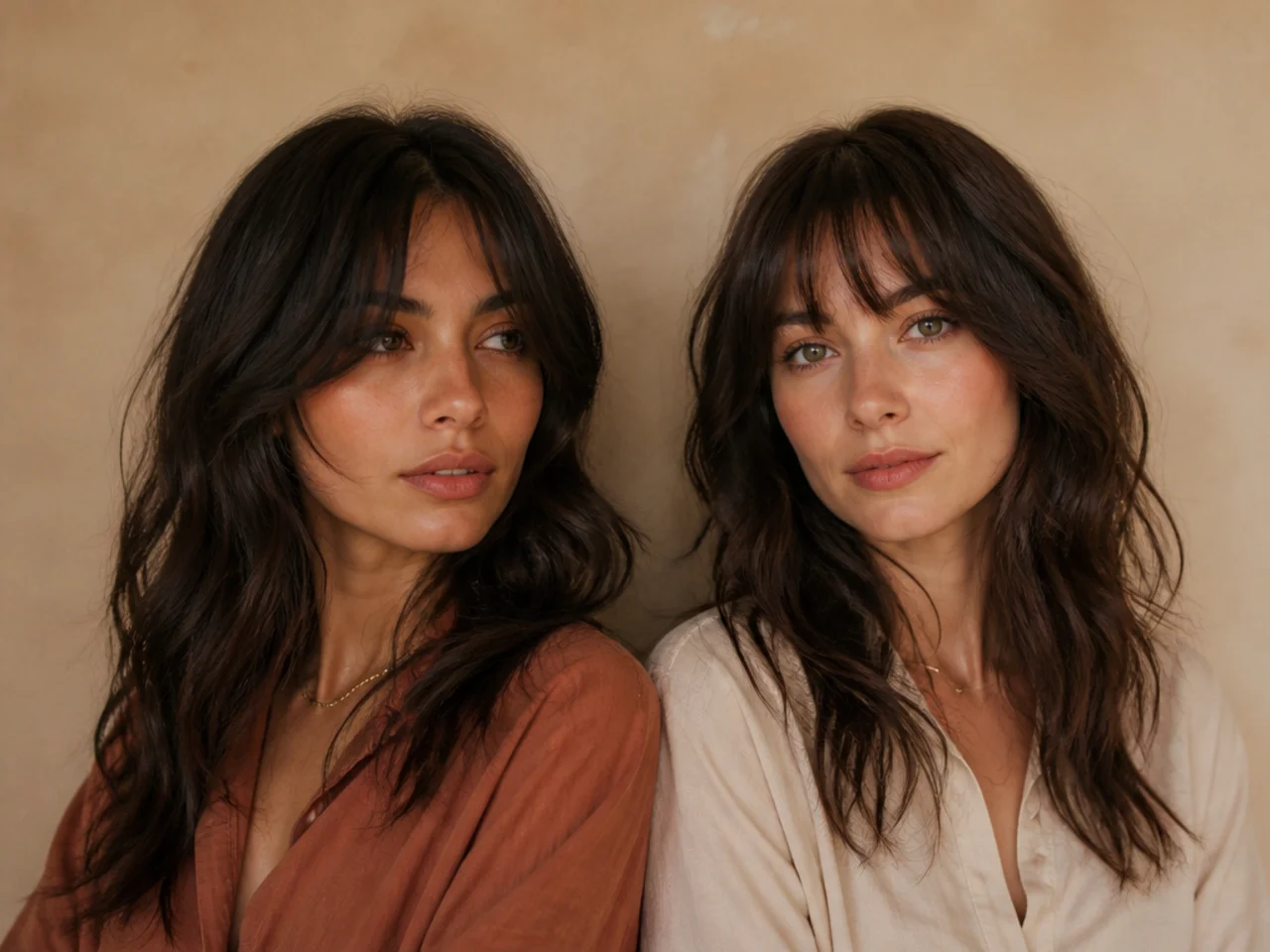 A curtain fringe at cheekbone length beside a wispy fringe at brow length