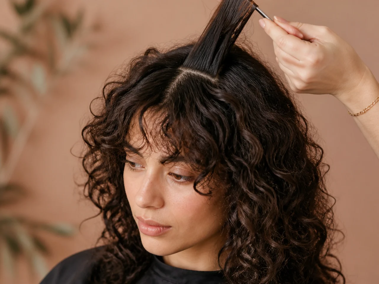 A curtain fringe on a curly shag being sectioned at the parting for a first trim