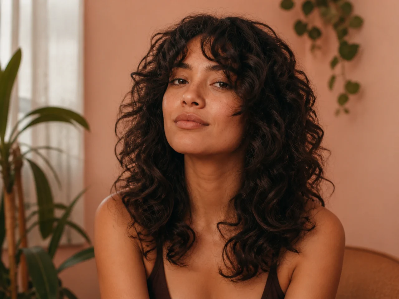 A grown out curtain fringe blending into face framing layers on a curly shag
