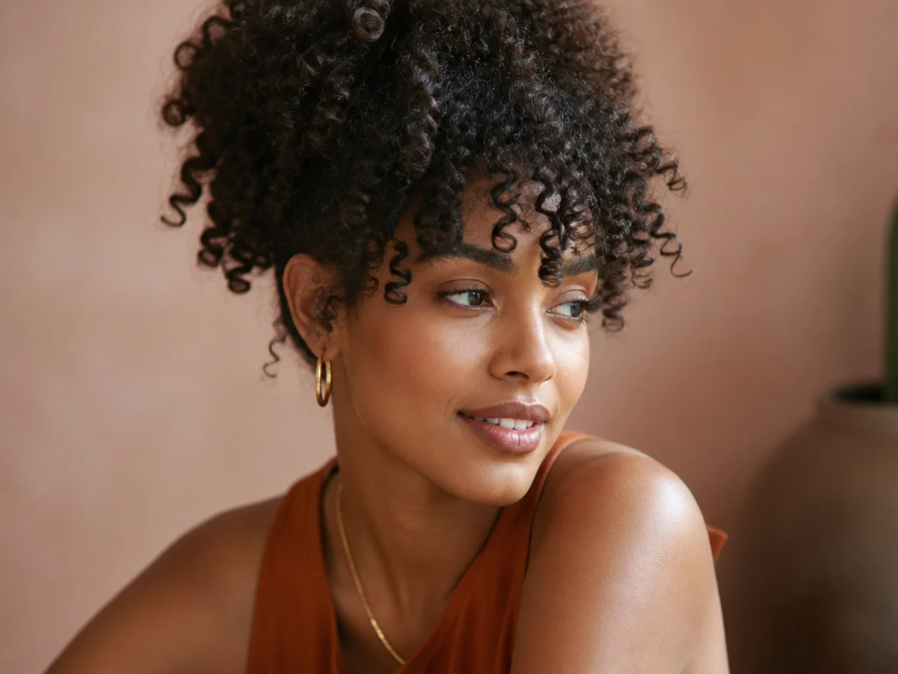 A wispy fringe on tightly coiled hair with separated individual curls at the forehead