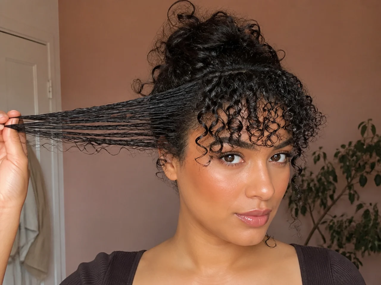 The same curly fringe shown wet and stretched then dry and shrunk to a shorter length