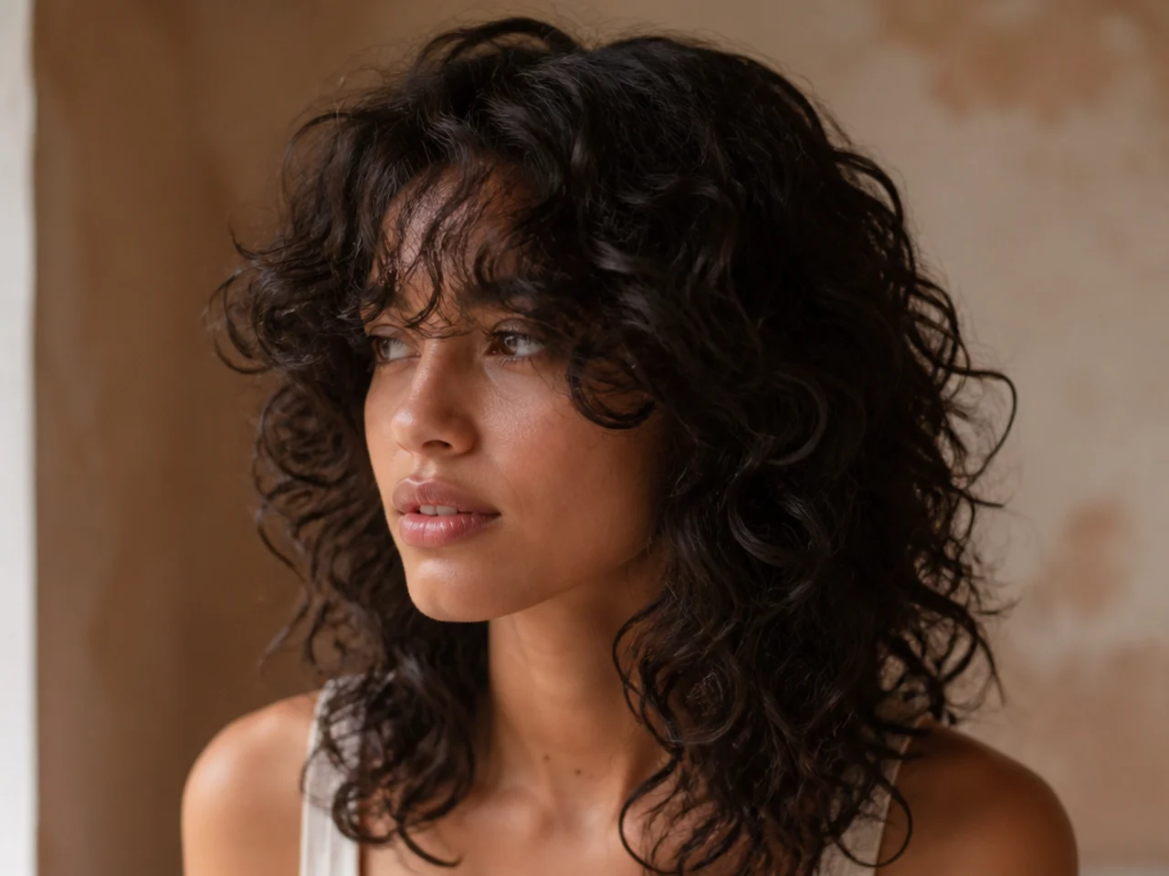 A curtain fringe at six weeks still holding its sweep on a curly shag