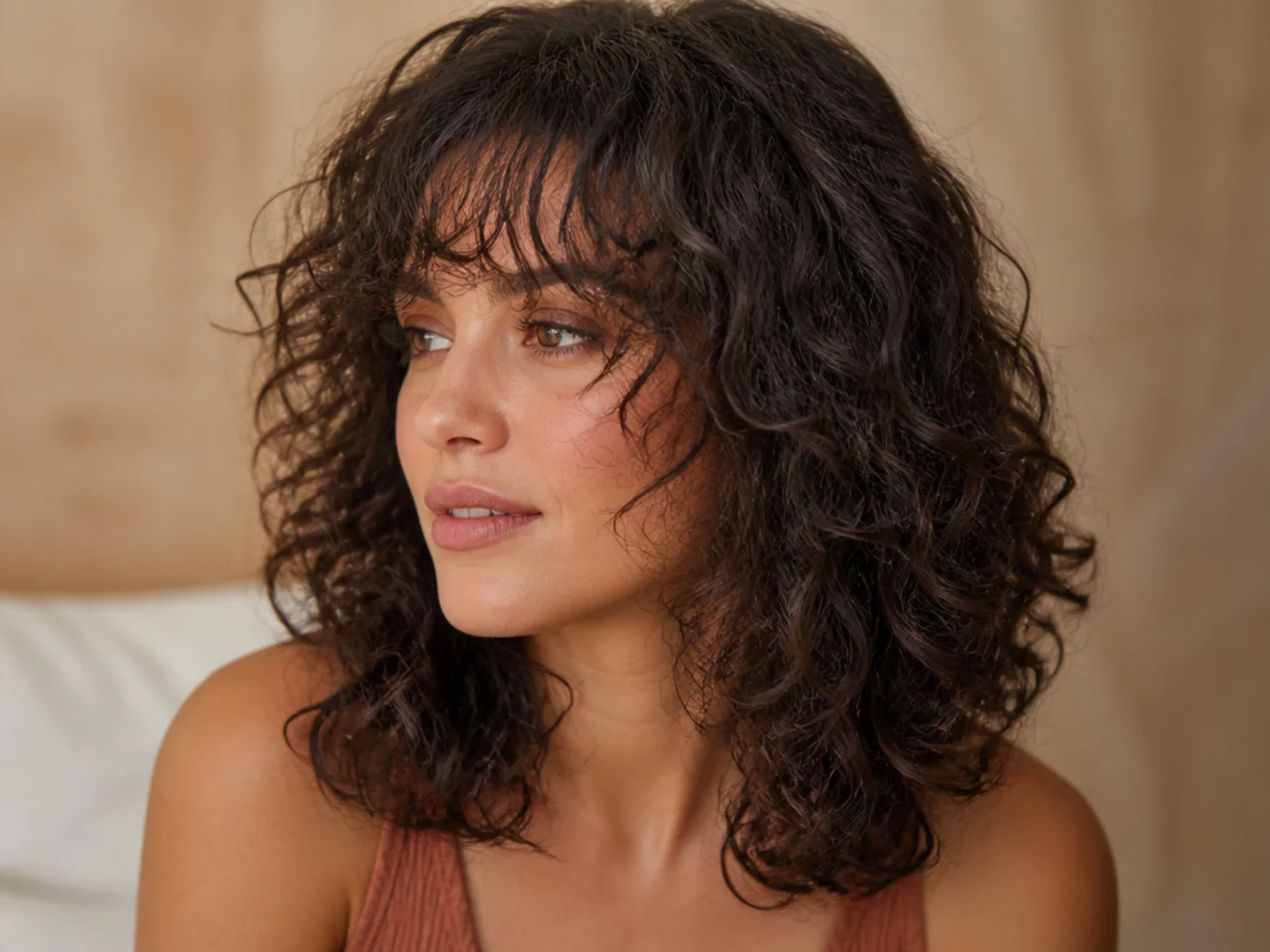 A wispy fringe covering the forehead in a light see-through layer on curly hair