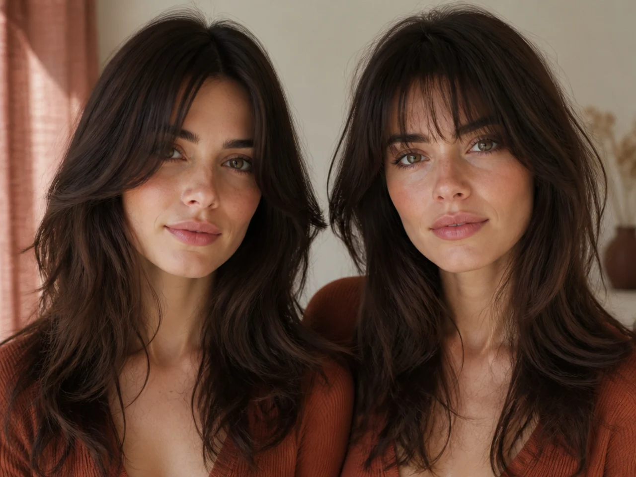 A curtain fringe and a wispy fringe compared on the same face from the front