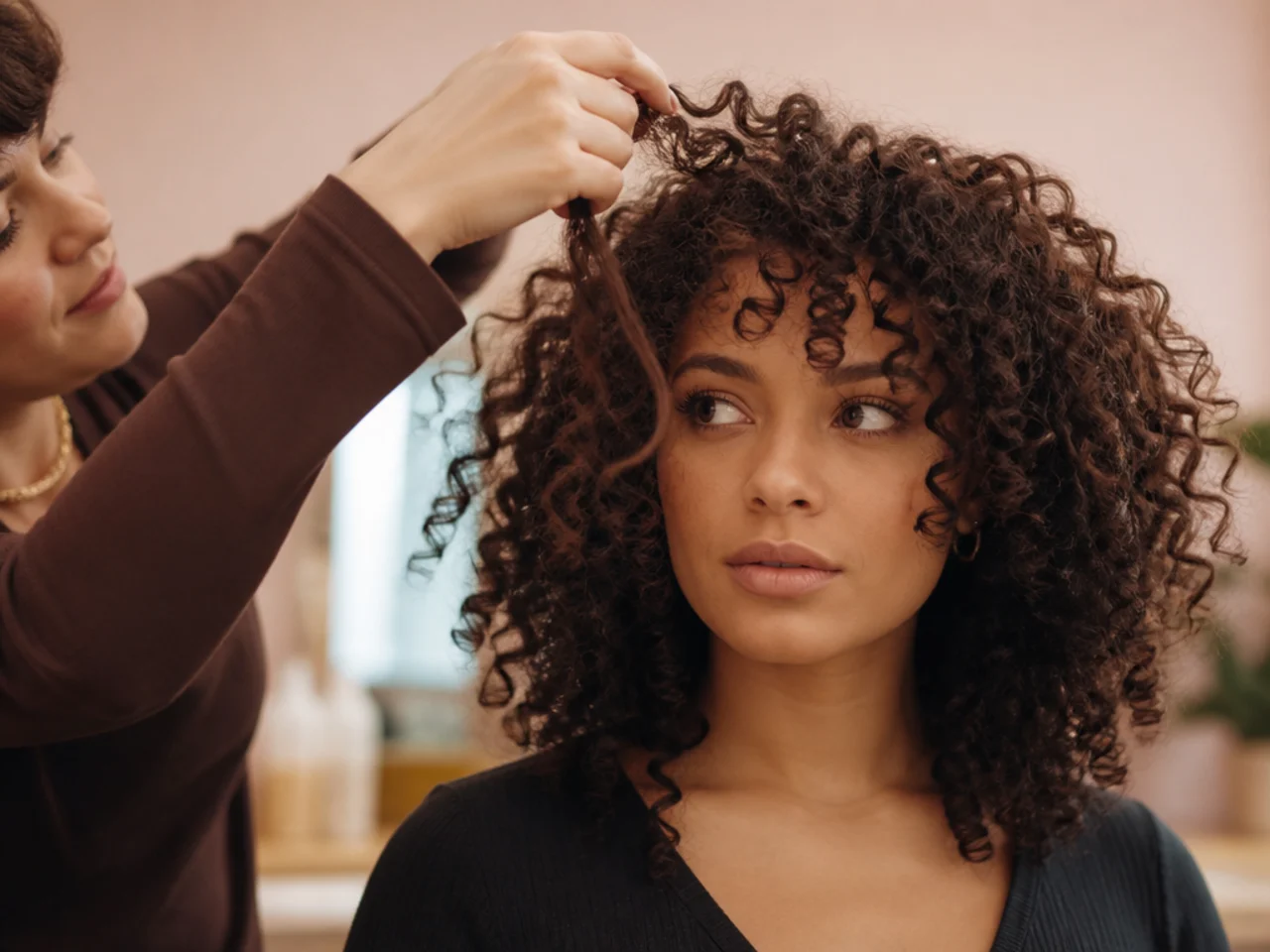 A stylist holding a section of dry curly hair at the forehead to plan a fringe