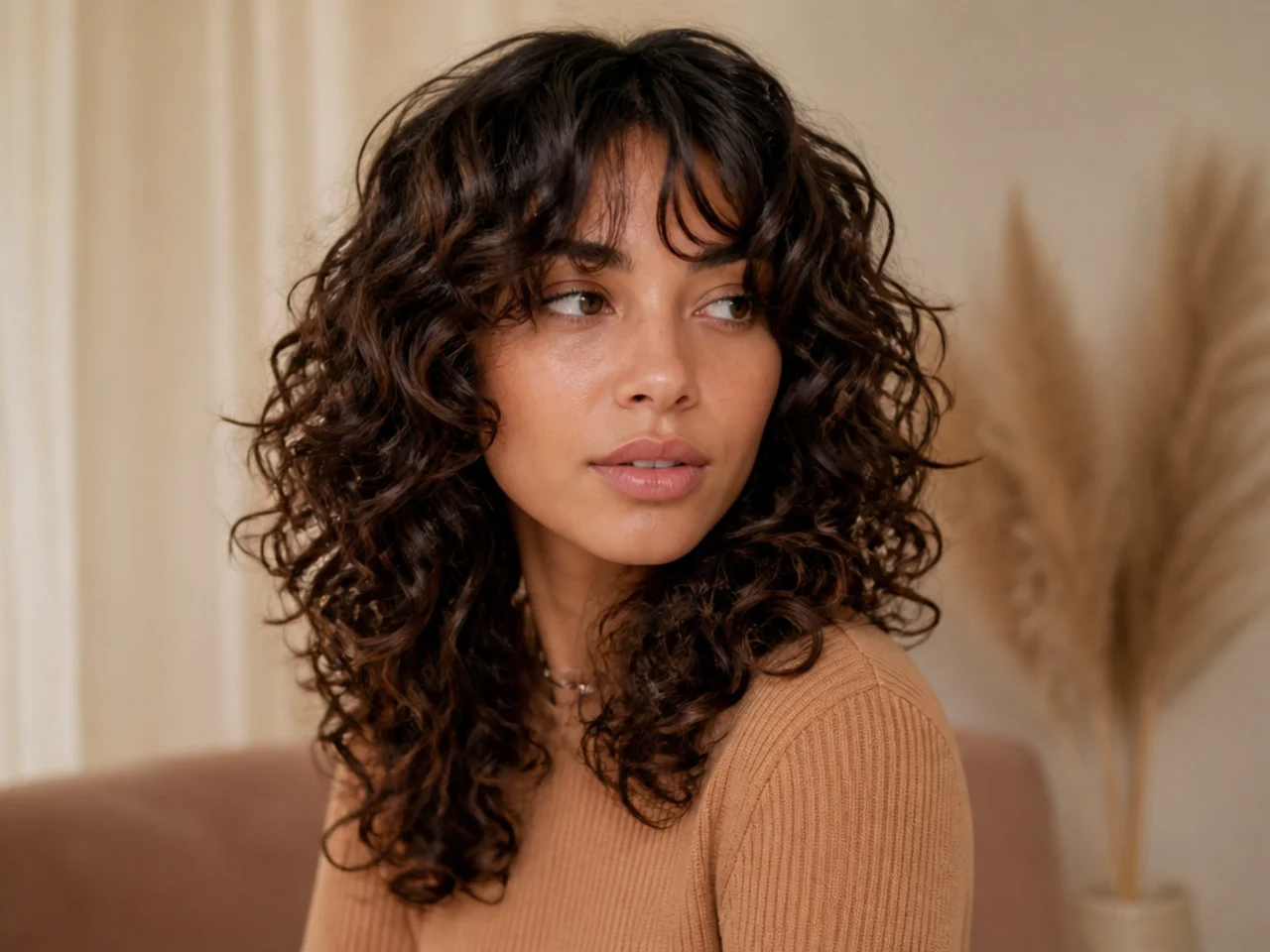 Three-quarter view of a curly shag with a finished curtain fringe