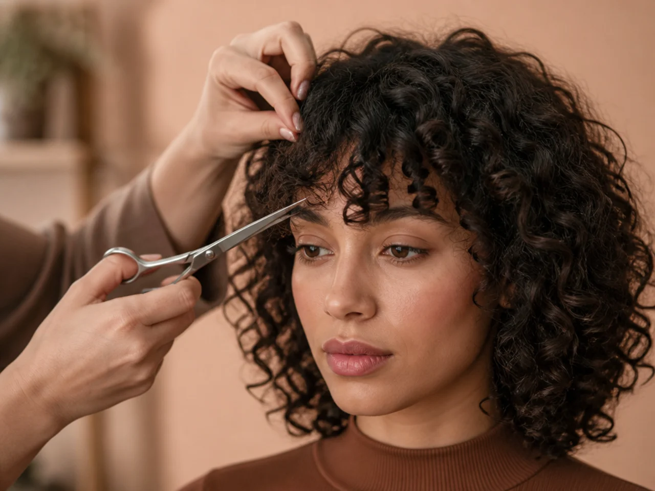 A dry curly fringe being trimmed with the point of the shears at the forehead