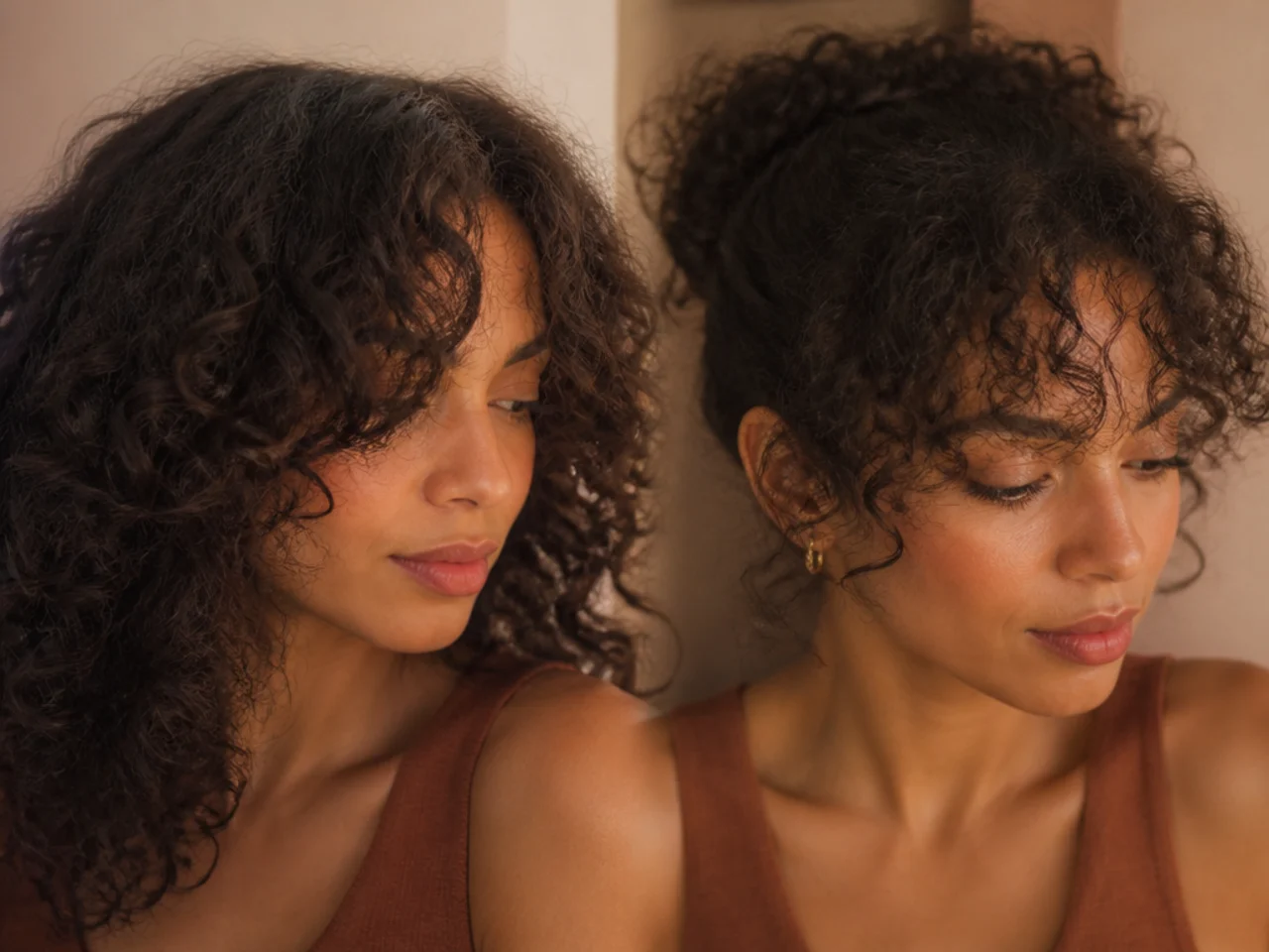 Close view of a dense parted curtain fringe next to a thinned wispy fringe on curly hair