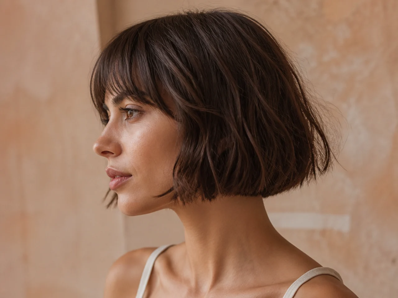 A chin length bob with shaggy internal layers and a blunt bottom edge