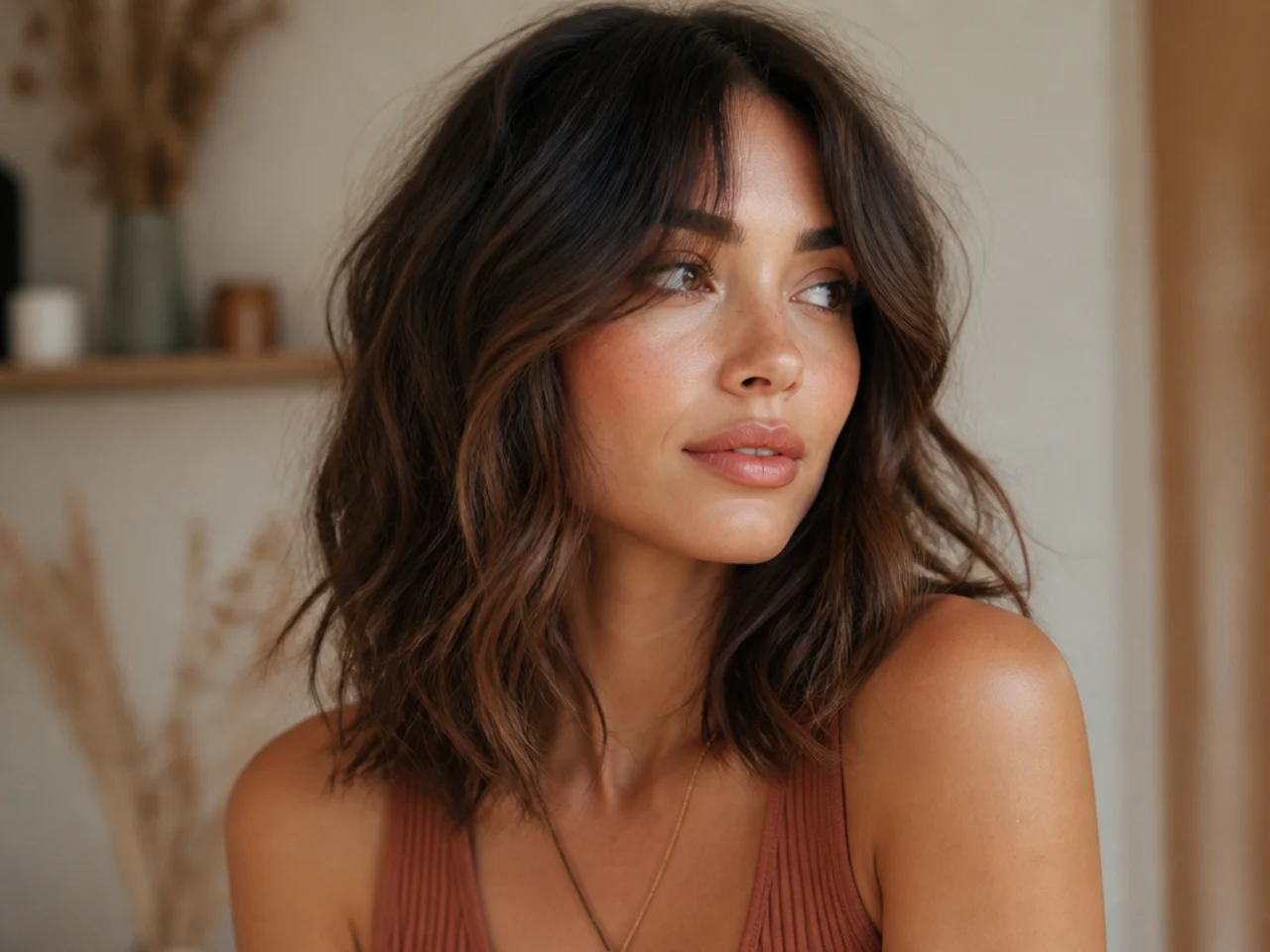 Loose waves in a shoulder length shag with open face framing layers
