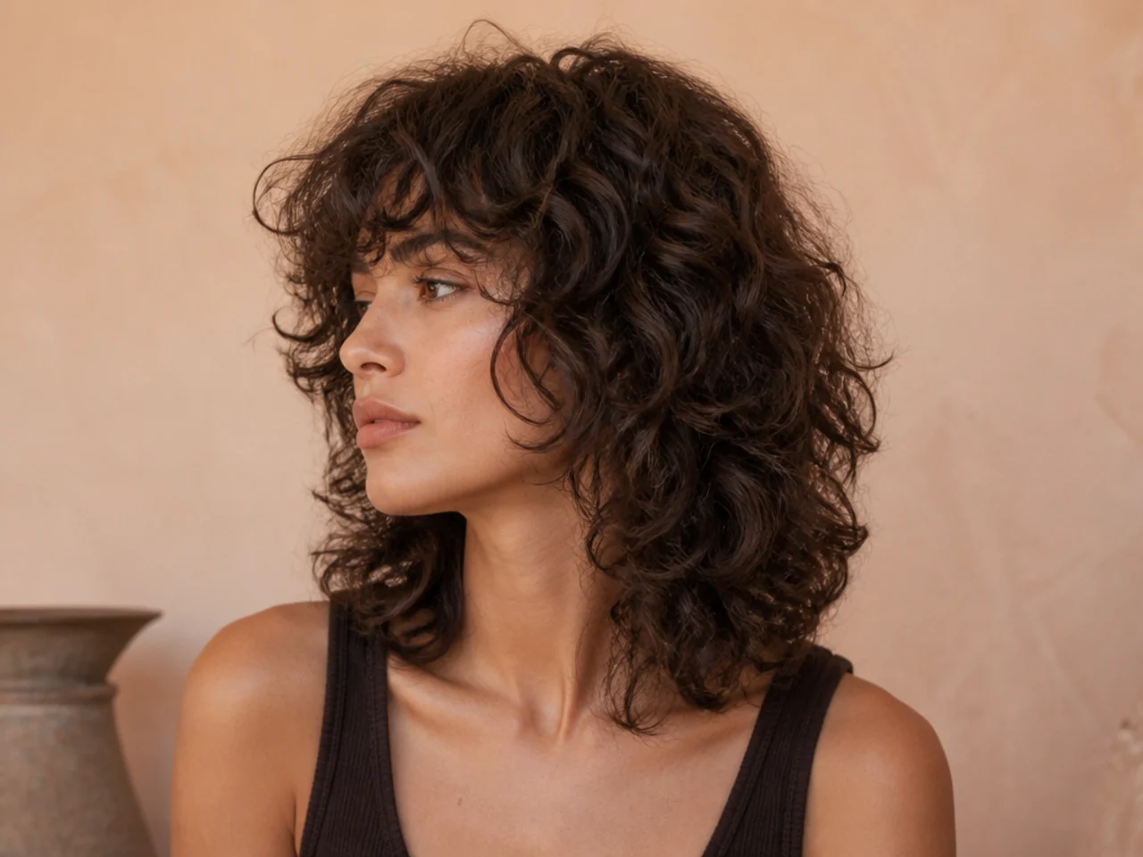 A dense thick haired shag with weight removed underneath and a rounded outline
