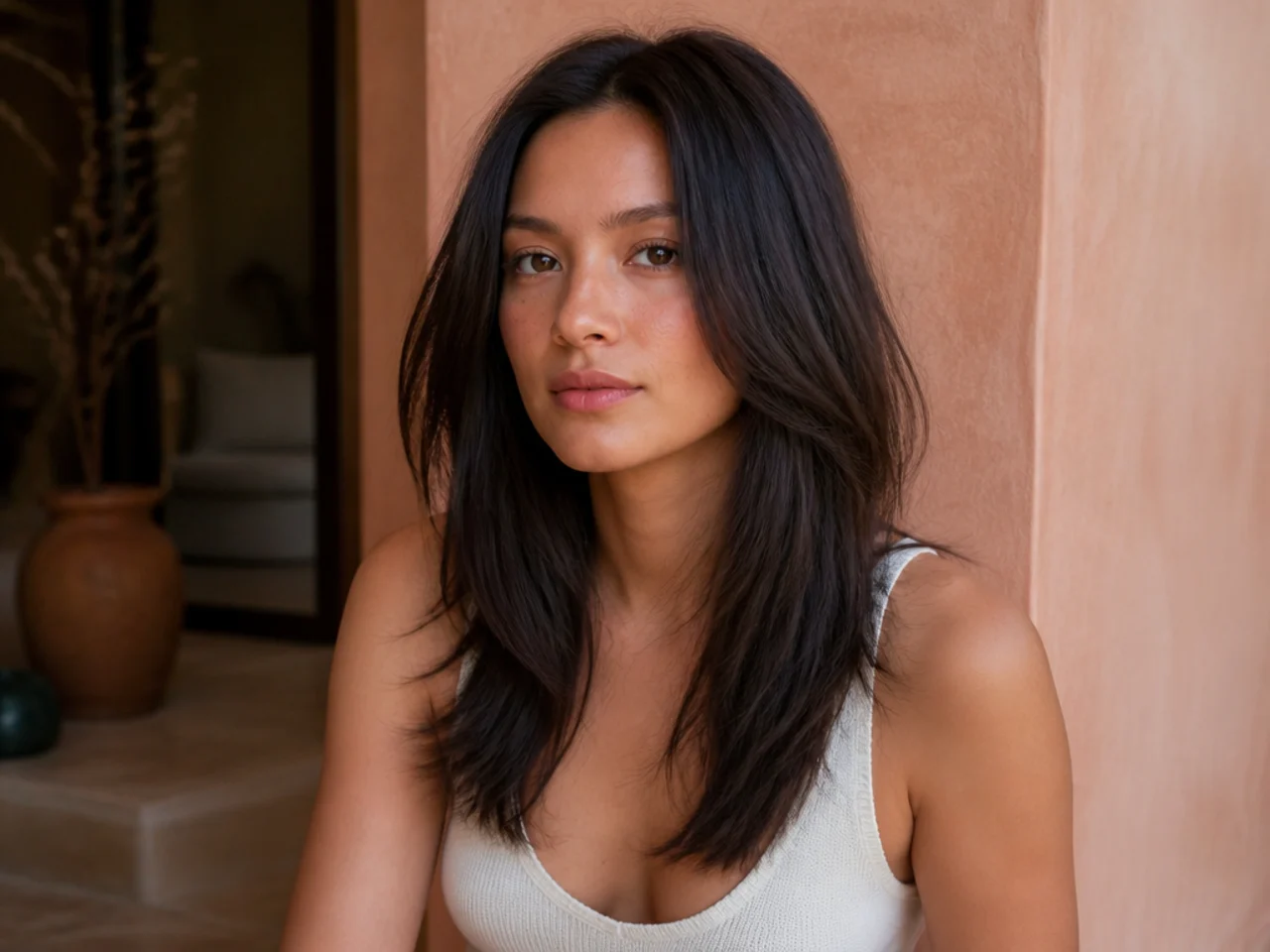 A straight haired shag with crisp visible layers and no fringe