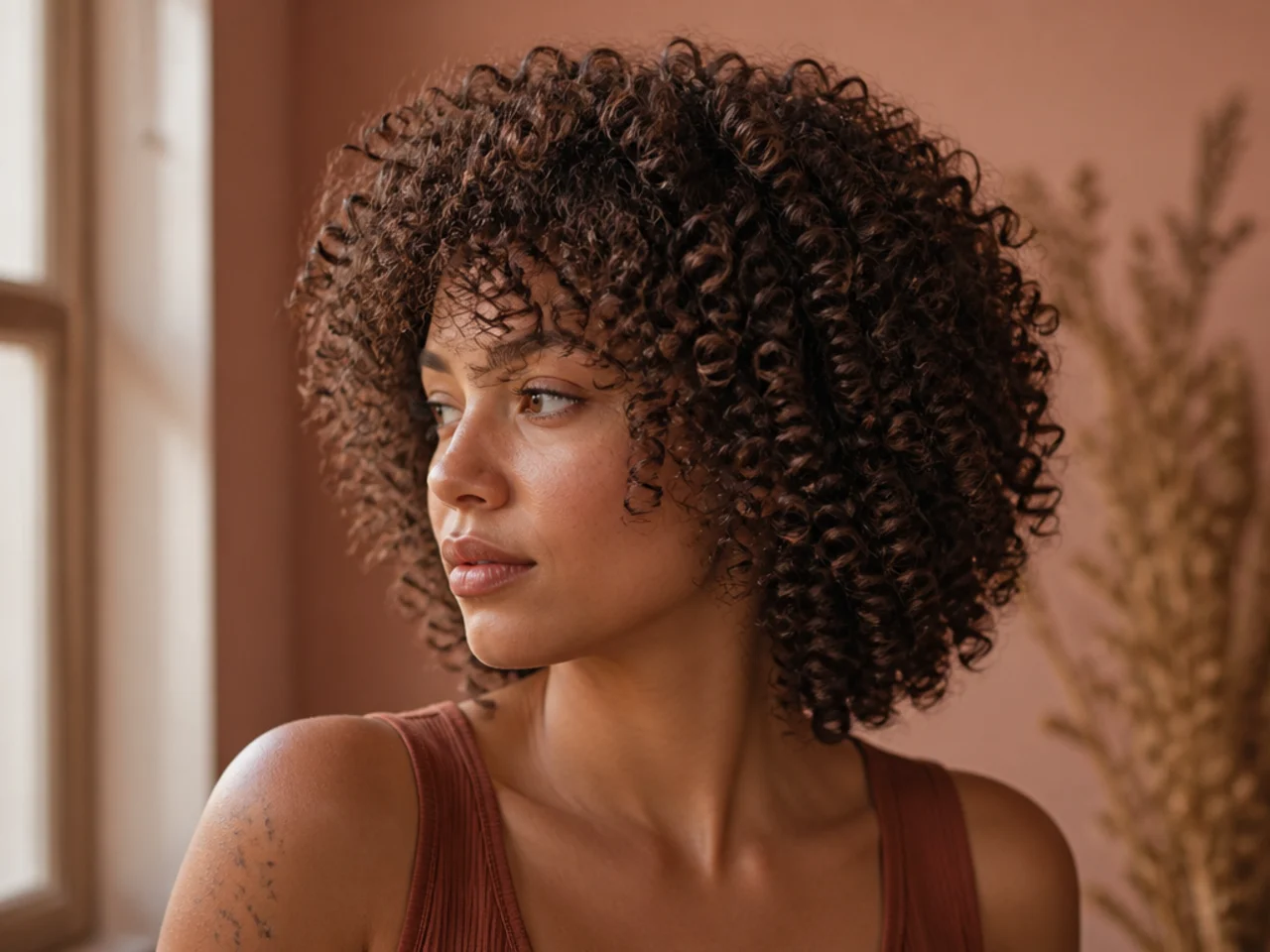 A shag shape cut into tight coils with a rounded silhouette and no fringe